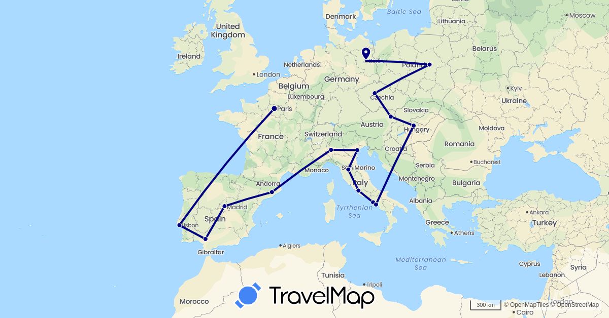 TravelMap itinerary: driving in Austria, Czech Republic, Germany, Spain, France, Hungary, Italy, Poland, Portugal (Europe)